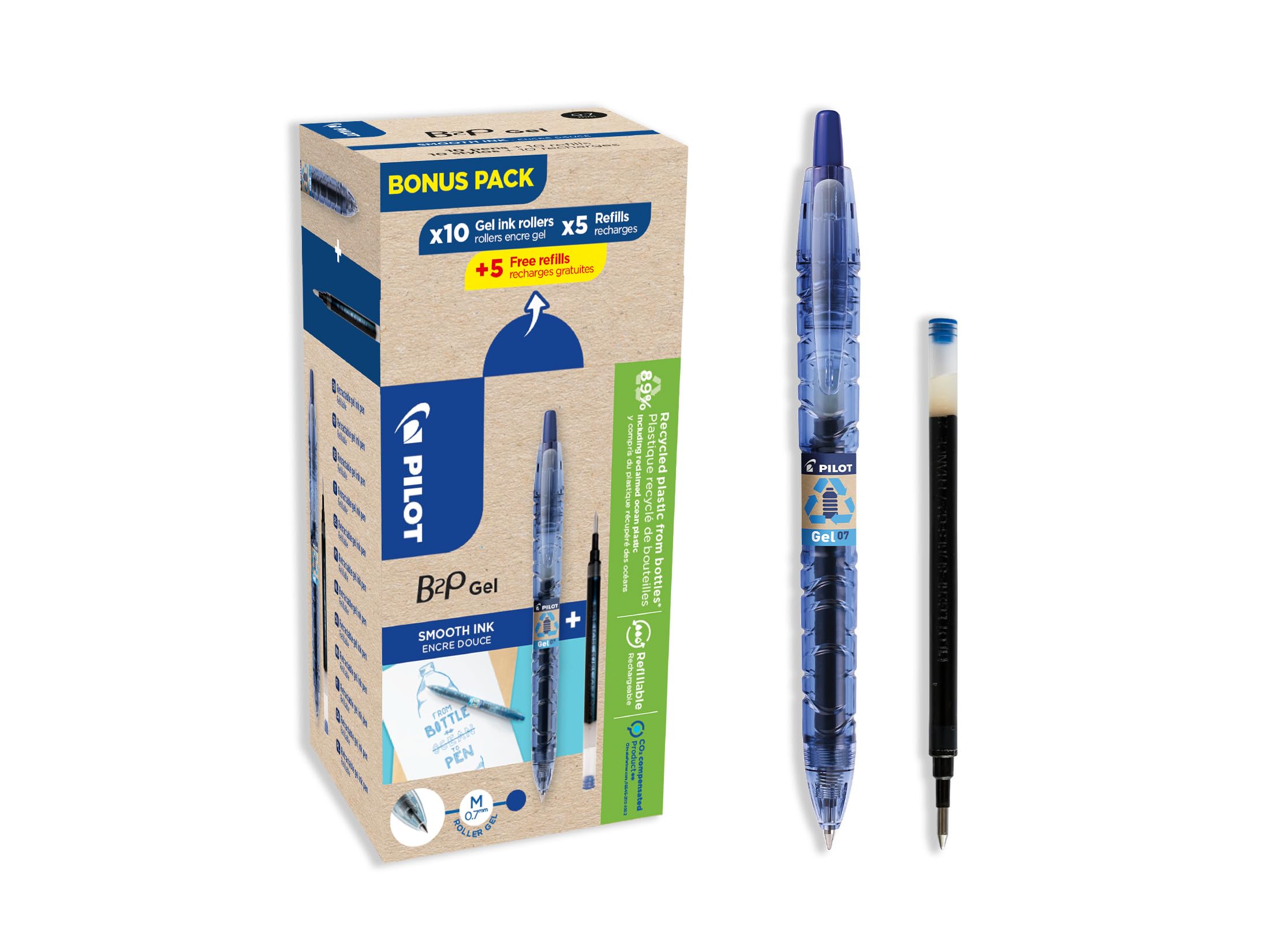 Pilot Greenpack B2P Eco Gel, 0.7mm, Blue, 10 Pens and 10 Refills
