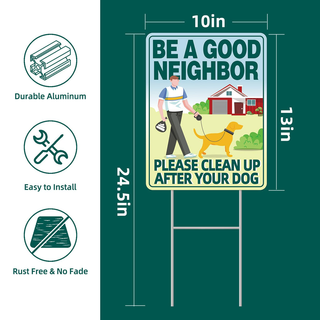 Clean UP After Your Dog Signs, 2-Pack 13"x10" Double-Sided H-Stake Metal Stakes Dog Poop Signs for Lawn, Pick Up After Your Dog Sign