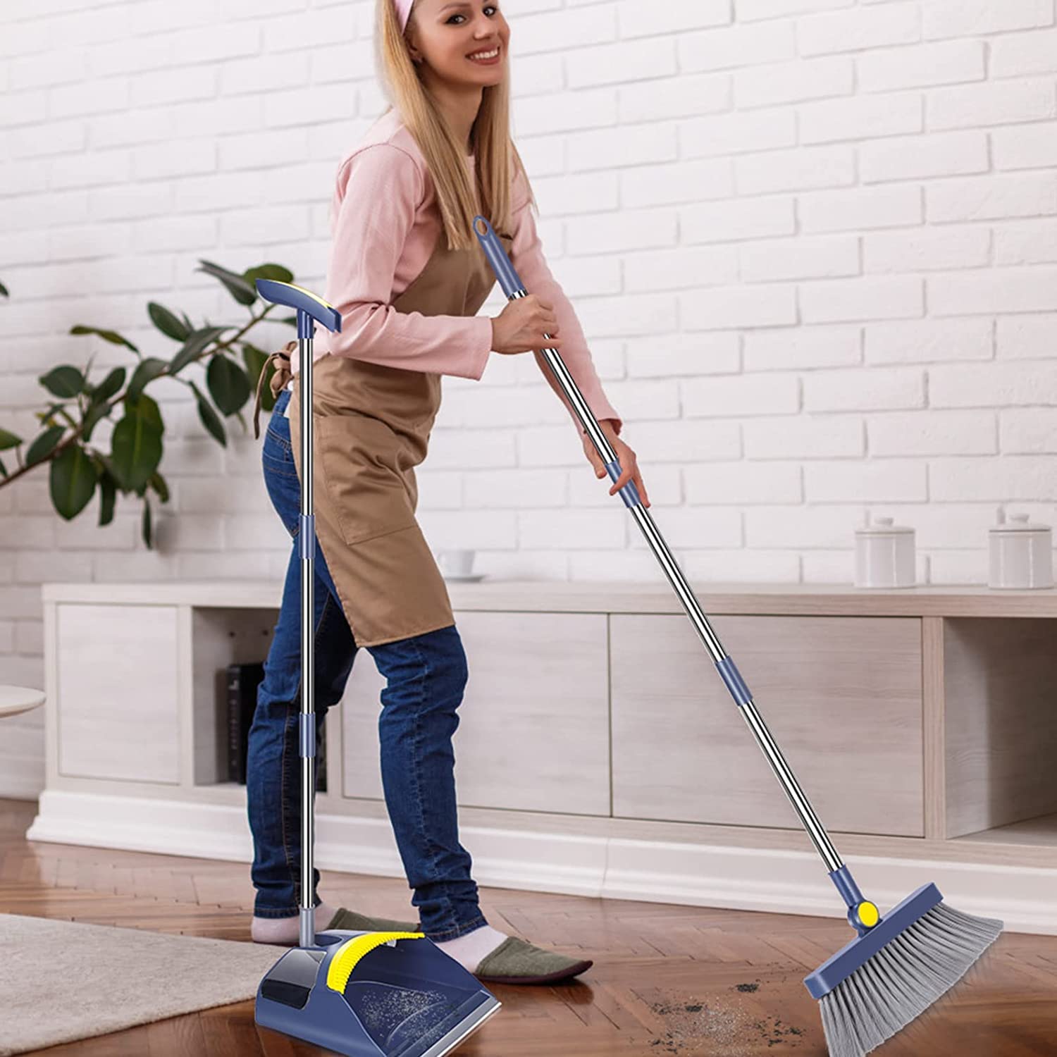 Almcmy Broom and Dustpan Set for Home, Long Handle Broom Dustpan Combo, Foldable Dustpan with Comb Teeth, Standing Broom and Dustpan Set for Home Kitchen Lobby Indoor Floor Cleaning (Navy Blue)