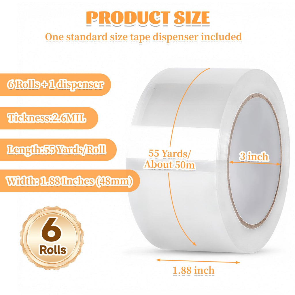 Heavy Duty Packing Tape, 6 Rolls Clear Packaging Tape with 1 refillable Dispenser, 1.88 Inches x 55 Yards, Designed for Shipping and Moving, Shipping and Packing