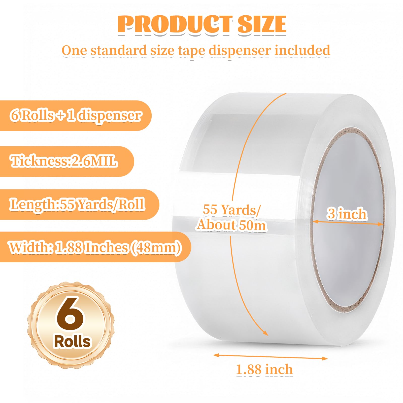 Heavy Duty Packing Tape, 6 Rolls Clear Packaging Tape with 1 refillable Dispenser, 1.88 Inches x 55 Yards, Designed for Shipping and Moving, Shipping and Packing