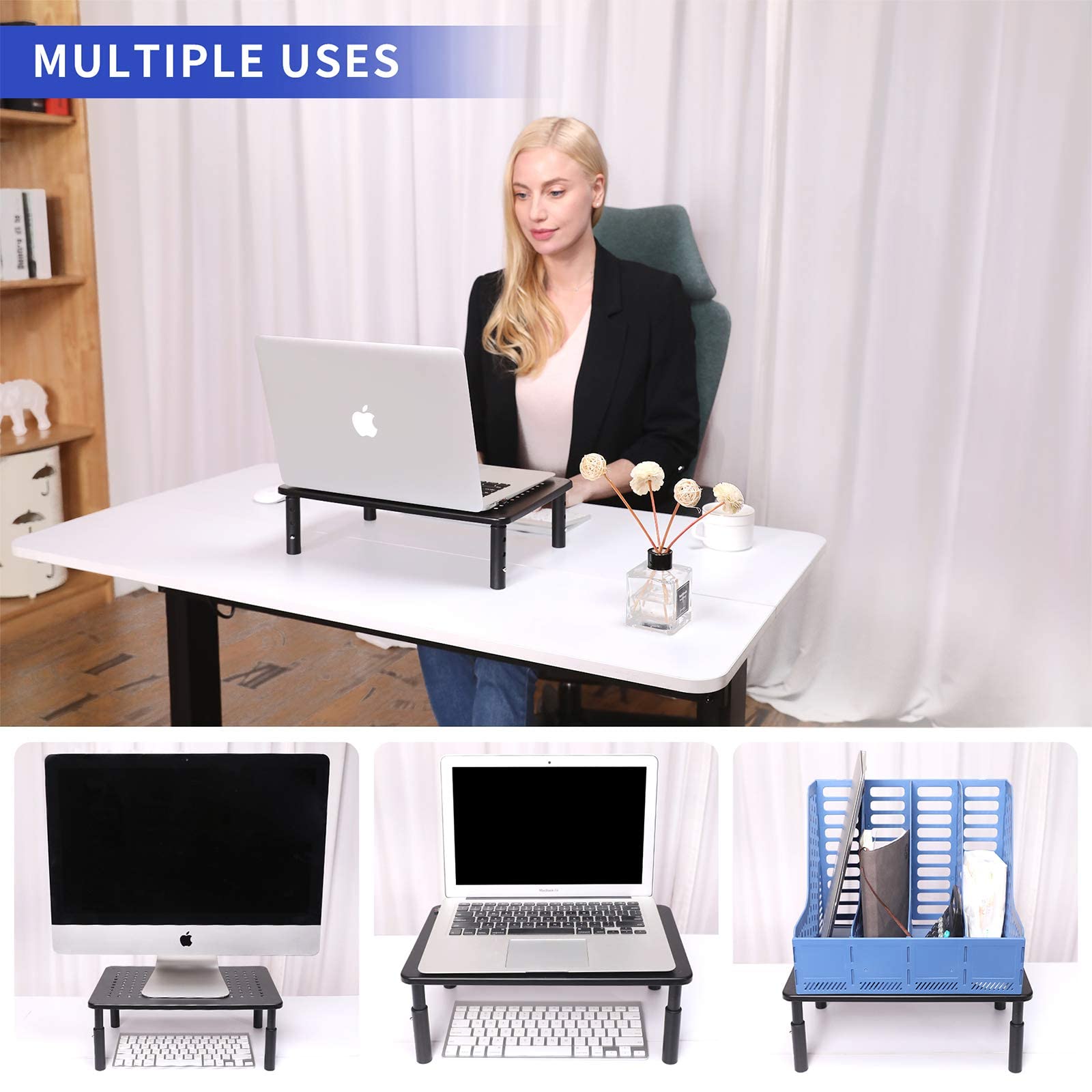 ERGOMAKER Monitor Stand 2 Packs - Height Adjustable Ergonomic Monitor Riser with Vented Metal Platform for Computer, Laptop, iMac, PC, Printer