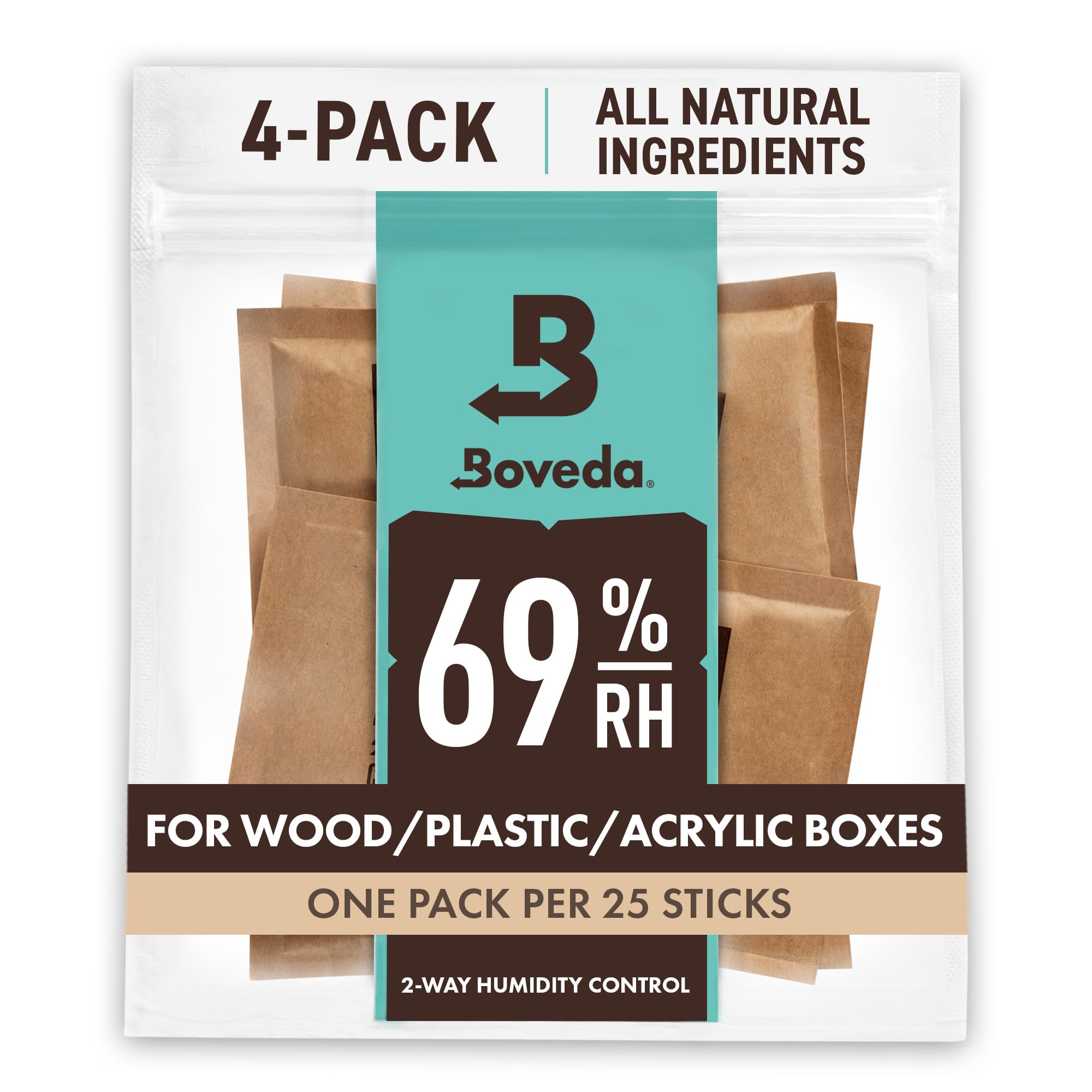 Boveda 69% Two-Way Humidity Control Packs For Plastic and Wood Containers Size 60 – 4 Pack – Moisture Absorbers – Humidifier Packs – Hydration Packets in Resealable Bag
