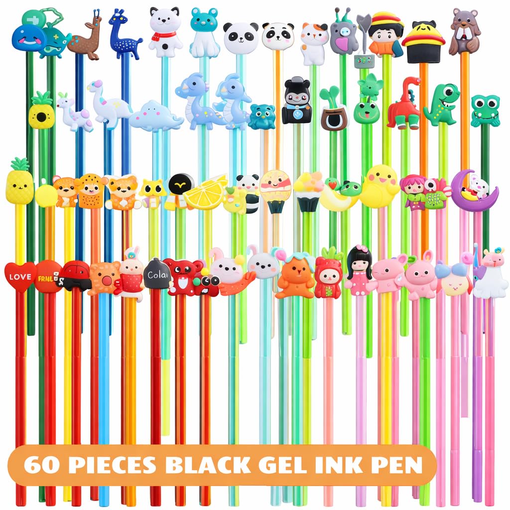 60 Pack Cute Pens Bulk Cartoon Fun Pens Easter Classroom Gifts Assorted Styles Black Gel Ink Pen for Party Favors Birthday Gifts Students Rewards Class Prizes Goodie Bag Stuffers