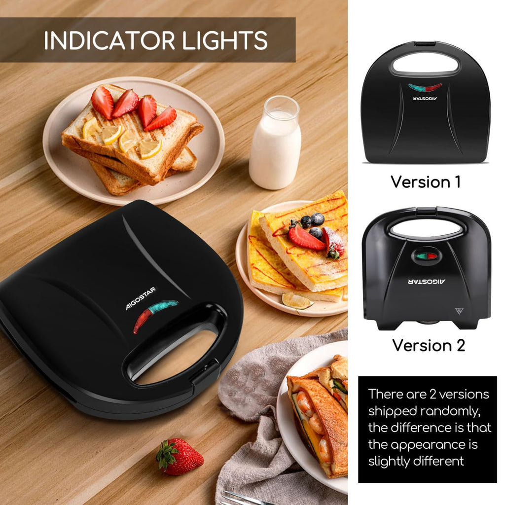 Aigostar Sandwich Maker with Non-stick Deep Grid Surface for Egg, Ham, Steaks Compact Electric Grill Black, ETL Certificated, Roy