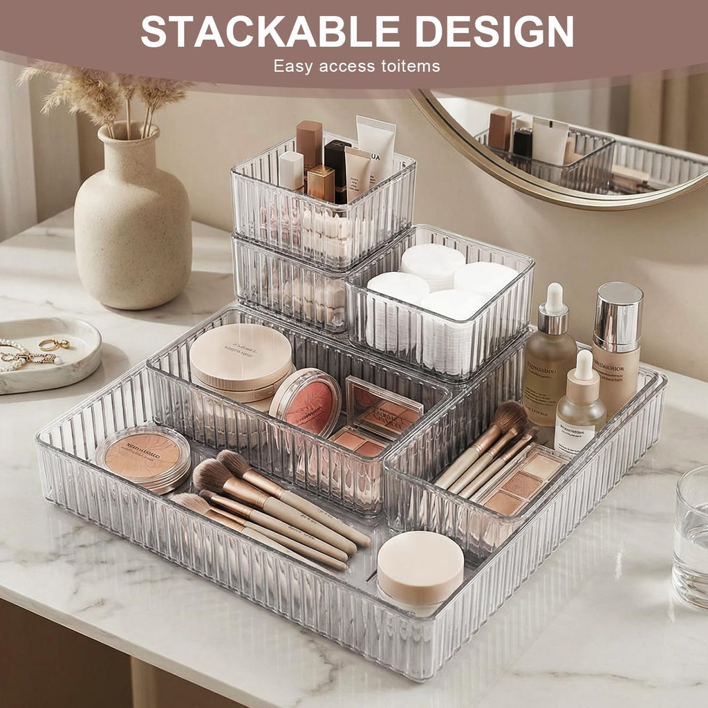 Clear Drawer Organizer Set,7PCS Acrylic Drawer Storage Trays,Stackable makeup divider tray,Plastic Containers,Storage Bins for Makeup,Jewelry, Gadgets,Office,Kitchen, Bedroom,Bathroom