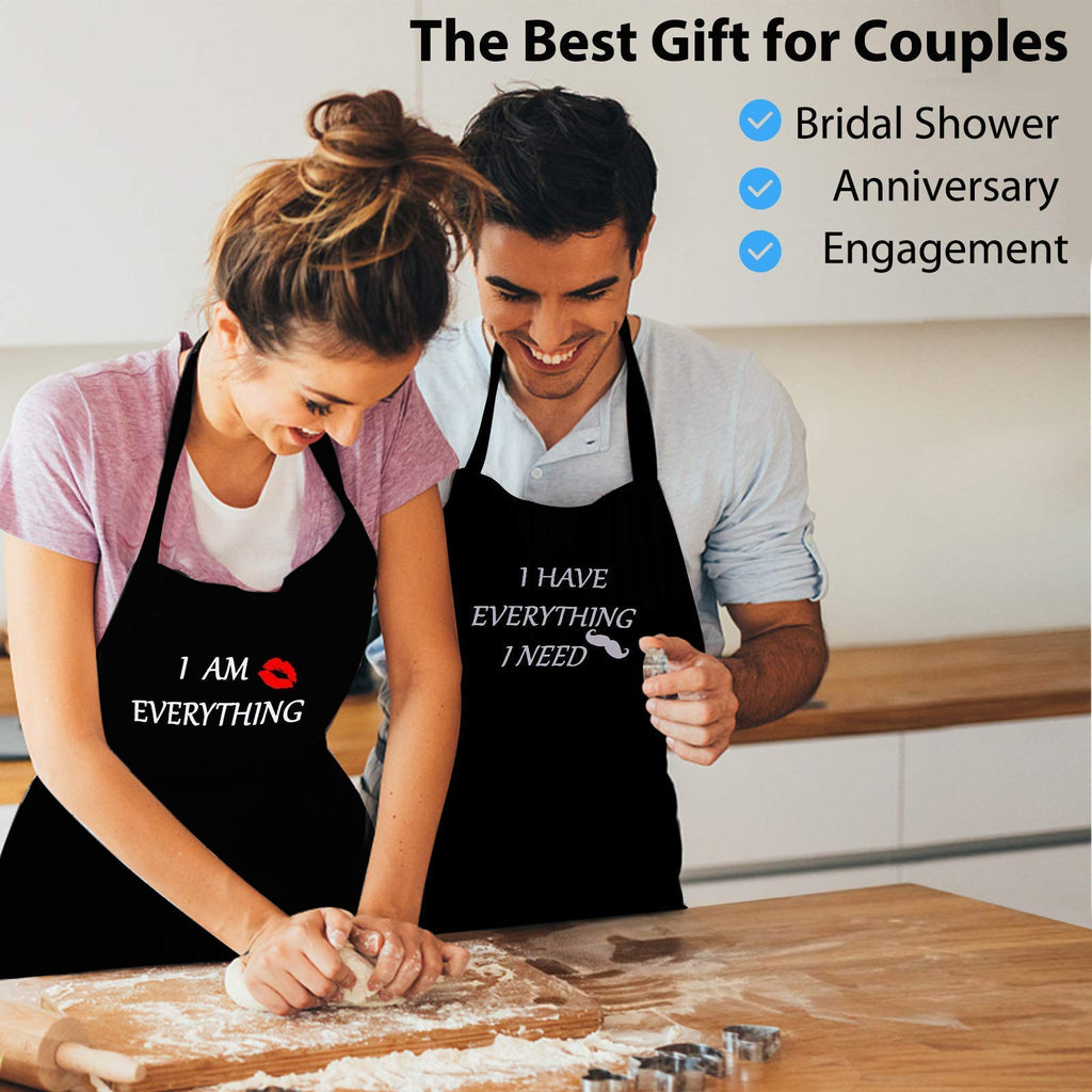 Apron Couples, Christmas Gifts for Couples: Waterproof Aprons for Women Men, with Adjustable Neck Strap with Extra Long Ties, 2 Pockets (Black)