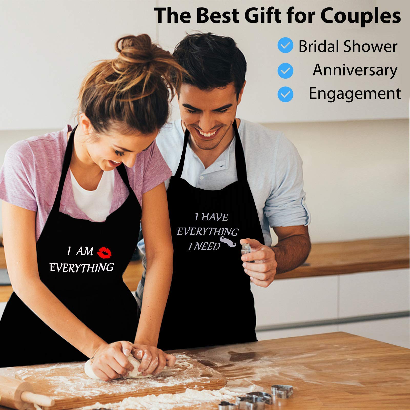 Apron Couples, Christmas Gifts for Couples: Waterproof Aprons for Women Men, with Adjustable Neck Strap with Extra Long Ties, 2 Pockets (Black)
