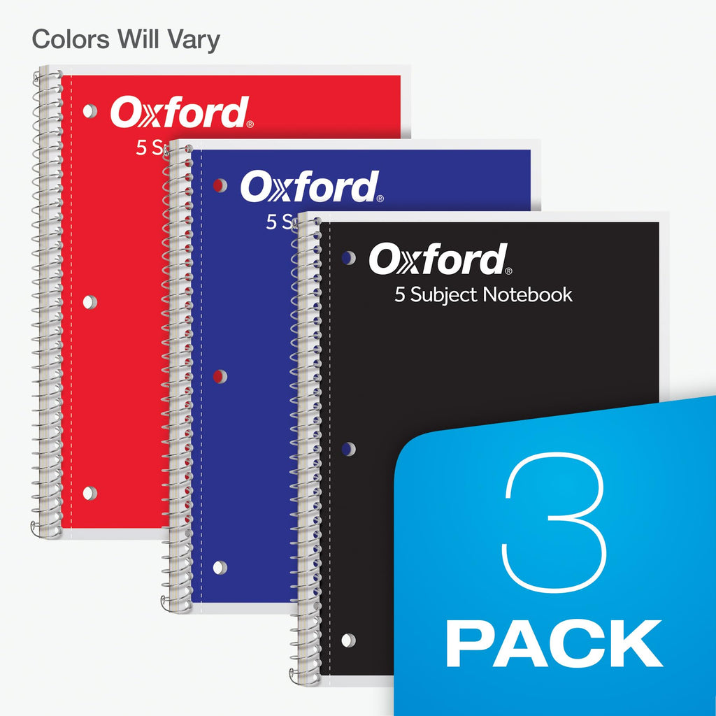 Oxford Spiral Notebook 3 Pack, 5 Subject Writing Journal, 3-Hole Punch, College Ruled Paper, 4 Dividers, 8 x 10-1/2 Inch, Black, Red, Blue, 180 Sheets, Coil Notebooks for School