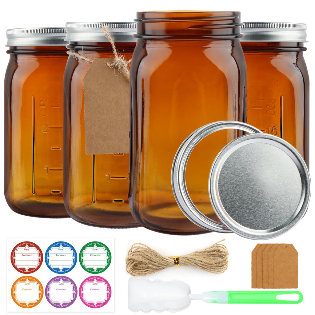 CARBLIN 4 Pack Amber Wide Mouth Canning Jars with Airtight Lids, 32 oz Glass Pint Jars for Jam Fermenting Preserving