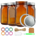 CARBLIN 4 Pack Amber Wide Mouth Canning Jars with Airtight Lids, 32 oz Glass Pint Jars for Jam Fermenting Preserving