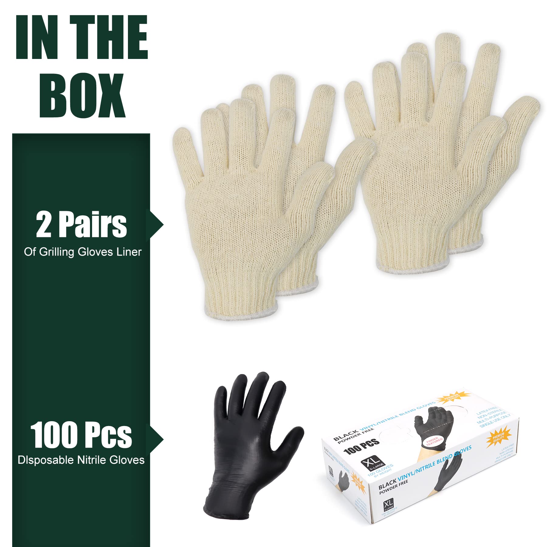Flehomo BBQ Gloves Kit with 2 Pairs of Reusable Heat Resistant Grilling Gloves Liner and 100 Pieces Disposable Nitrile for Outdoor Cooking and Barbecue, Black, X-Large