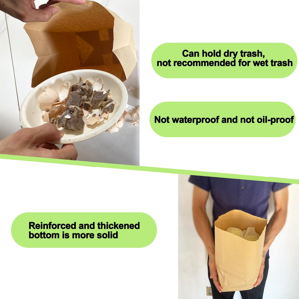 KAIHENG Kitchen Food Waste Bags, 50PCS Compostable Paper Garbage Bag, Recycling Paper Trash Bag for Dry Rubbish, Plastic Free