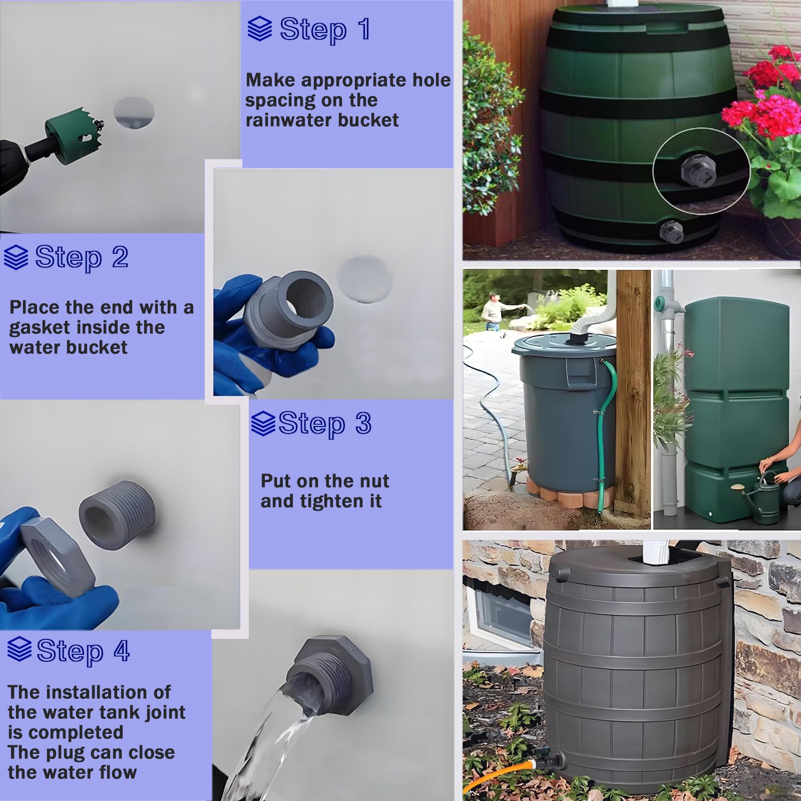 PVC Bulkhead Fittings Rain Barrel 3/4 Inch Female Thread With Stock Strap, Throat Clamp, 3/4 Dual Thread Male Fitting, Plug For Tanks, Swimming Pools, Aquariums