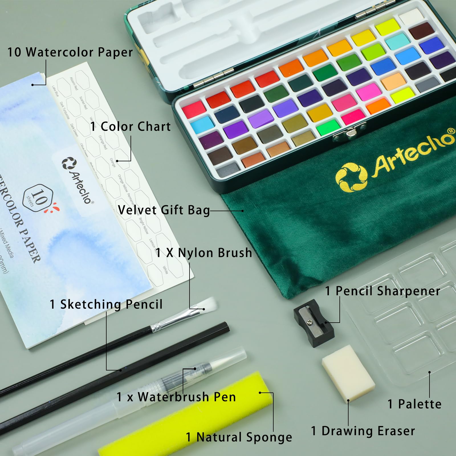 Artecho Watercolor Paint Set 50 Colors in Portable Box Including 4 Fluorescent Colors, Travel Watercolour Set with Watercolour Papers, Brushes and other Tools, Idea for Artists and Hobbyists