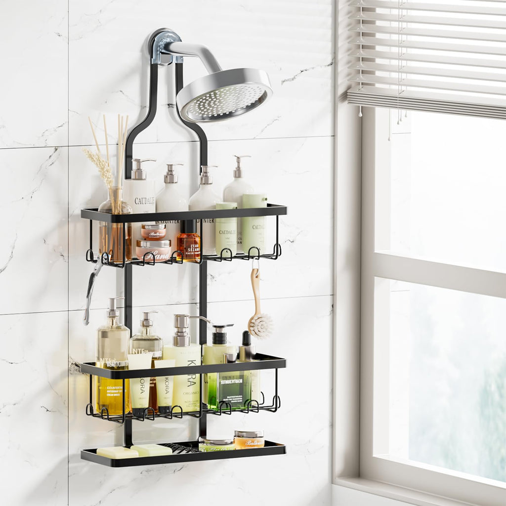 Shower Caddy Hanging, Bathroom Organizers Shelves over Shower Head, Anti-Swing Shower Organizer Shower Shelf, Hanging Shower Caddy with Hooks