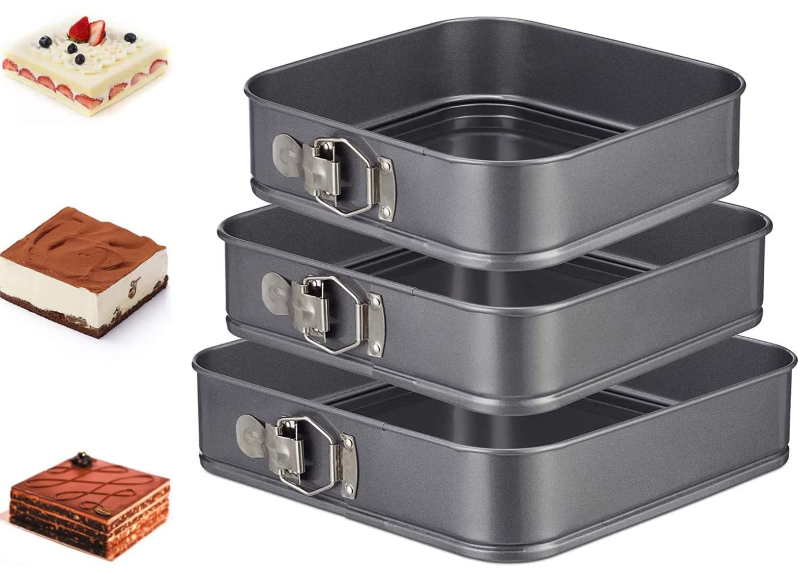 Springform Cake Pan Square 9.5inch,10inch,11inch, Set of 3 Non Stick Leakproof Cake Baking Pans with Removable Bottom, Non Stick Carbon Steel