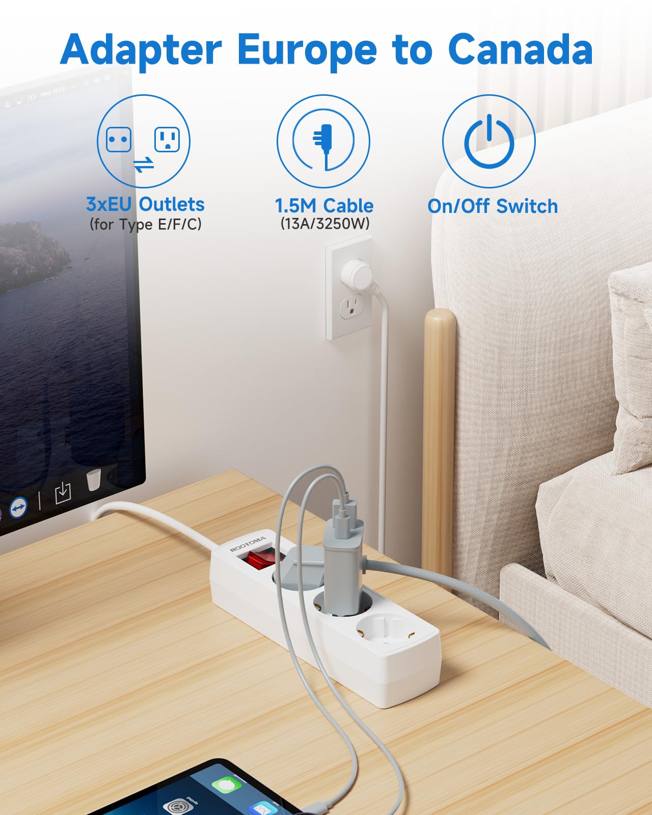 European to Canada Plug Adapter, EU to Canada Adapter, 3 AC Outlets for European Electronic Devices, Travel from France, Italy, Spain, Germany,13A/1625W