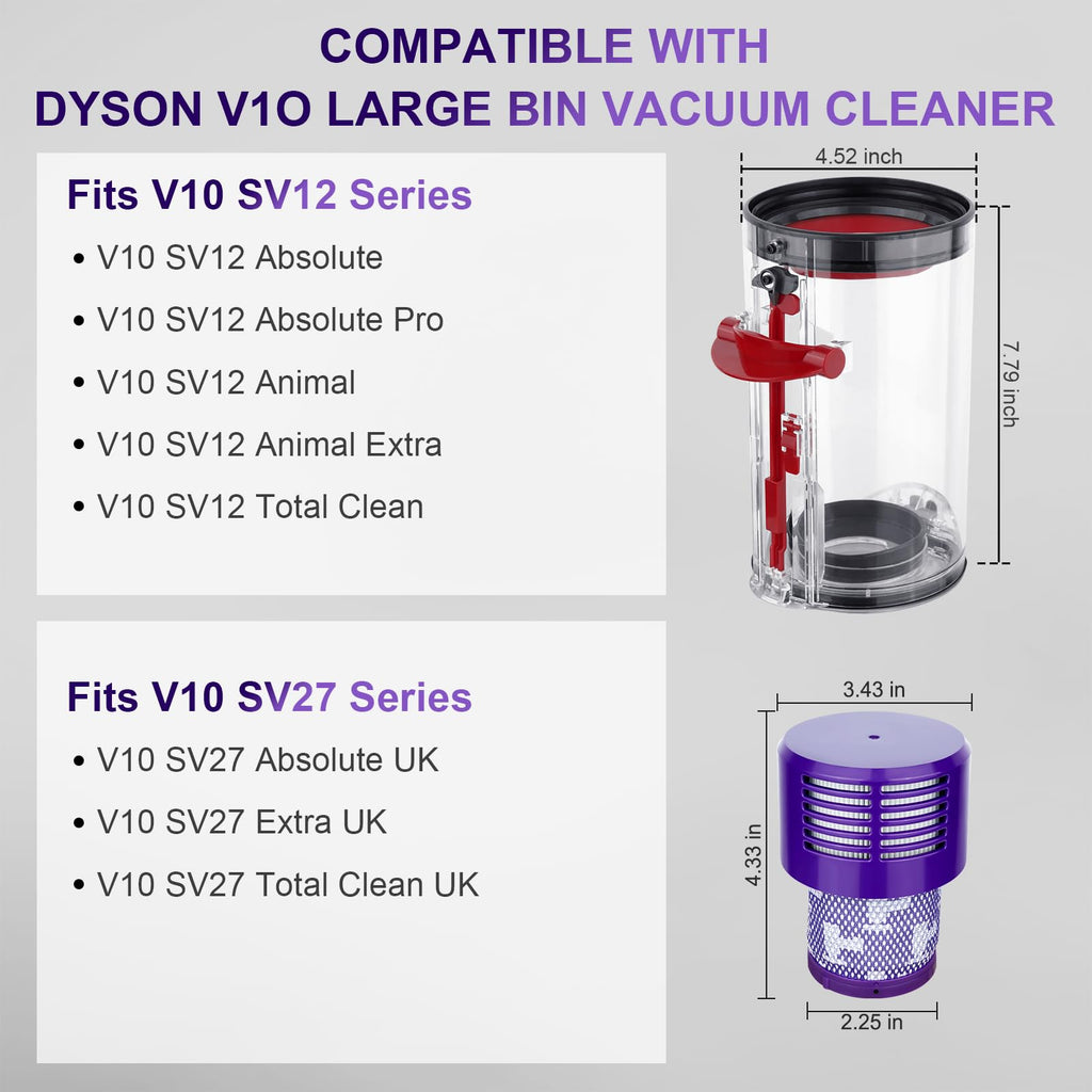 PUREGUST V10 Bin Replacement and Filter for Dyson V10(SV12) Animal and Absolute Models, Bin Part No.969509-01 and Filter Part No. 969082-01 for Absolute/Animal/Extar/Total Clean