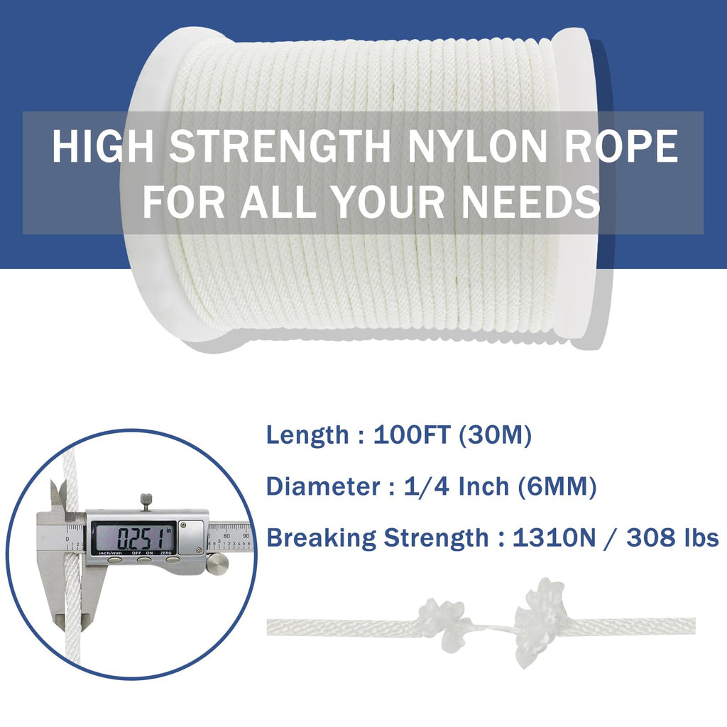 NQ Nylon Rope 30Mx 6mm Diameter, 1/4" x 100FT Inch Corde for Outdoor, Camping, Hiking, Heavy Duty Rope for Crafts, DIY for Clothesline, Swing, Flag Pole(White)