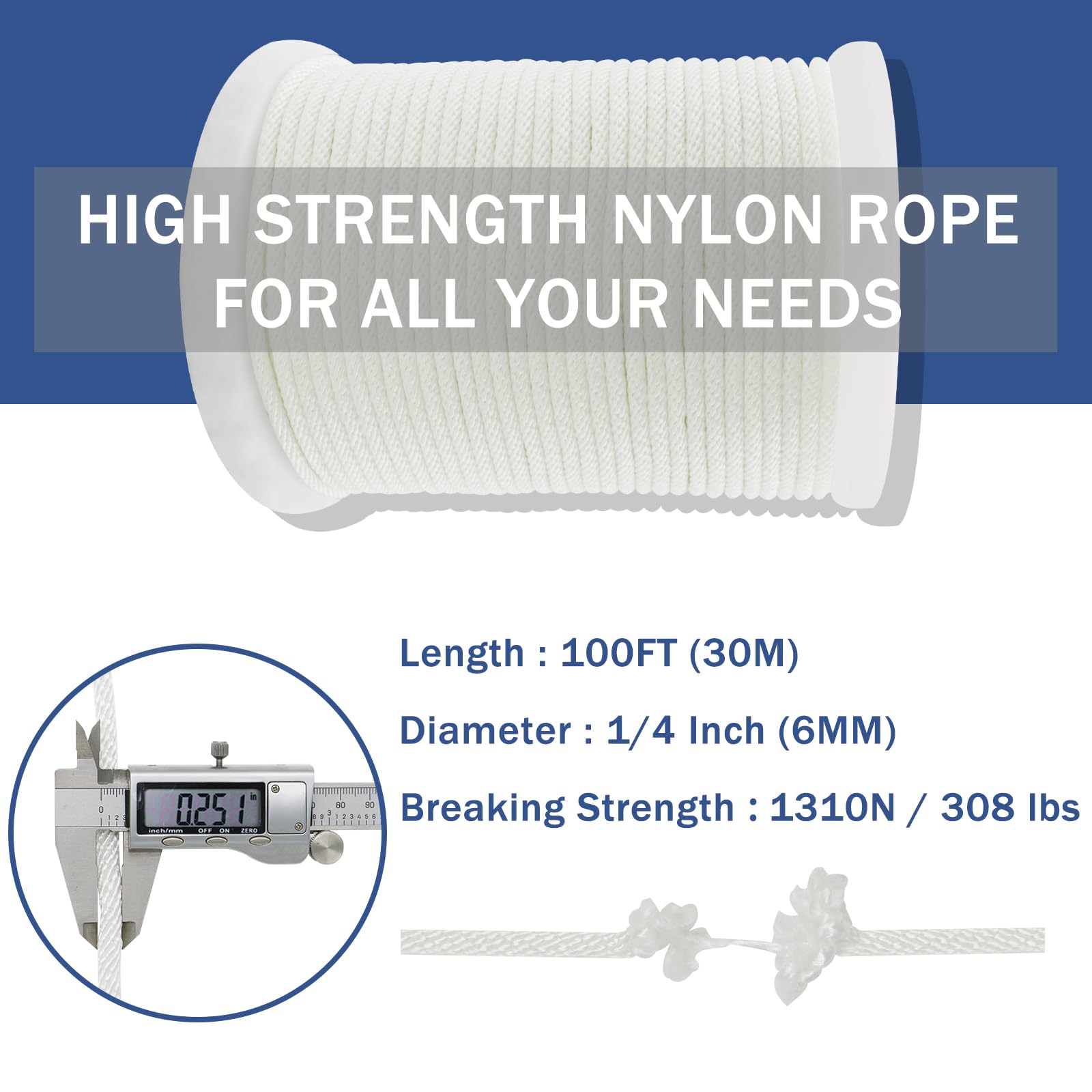 NQ Nylon Rope 30Mx 6mm Diameter, 1/4" x 100FT Inch Corde for Outdoor, Camping, Hiking, Heavy Duty Rope for Crafts, DIY for Clothesline, Swing, Flag Pole(White)