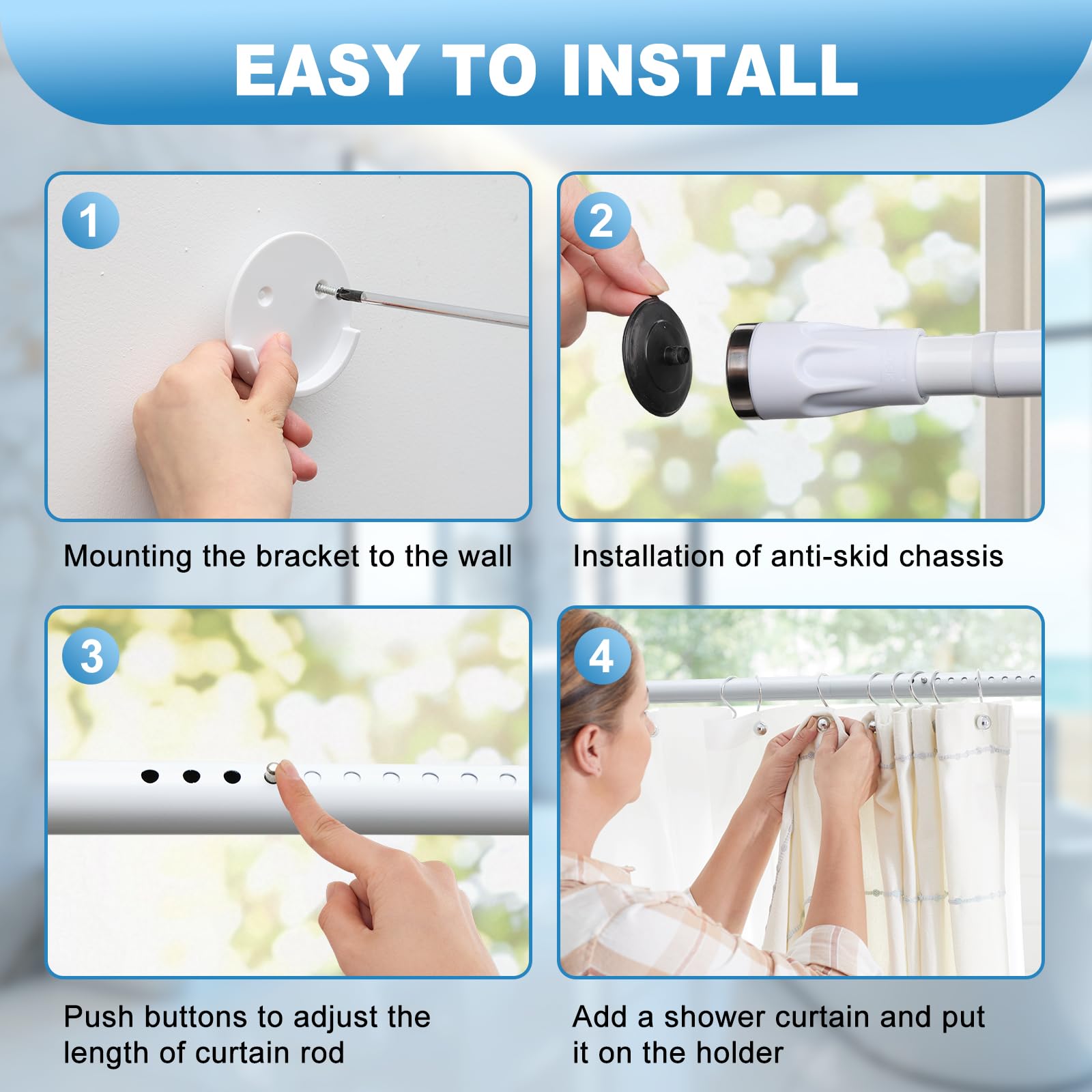 White Tension Curtian rod no drill, 42 to 115 inch Adjustable Heavy Duty black shower curtain rod for Windows bathroom Closet