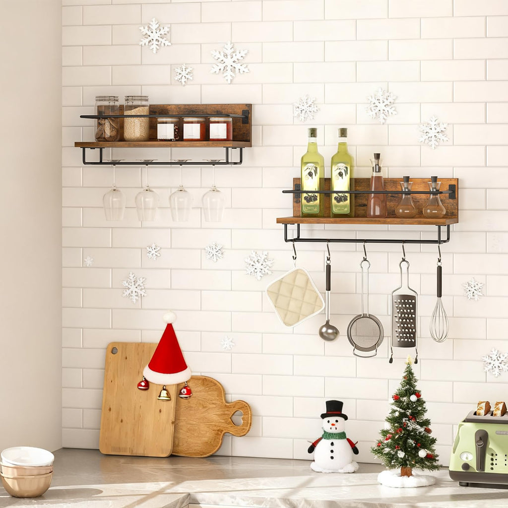 HOOBRO Wine Rack Wall Mounted 2 Pack, Wine Shelf Hanging Floating Wall Shelves, Wine Glass Bottle Rack Stemware Holder, for Living Room, Dining Room, Kitchen, Rustic Brown and Black BF28BJ01