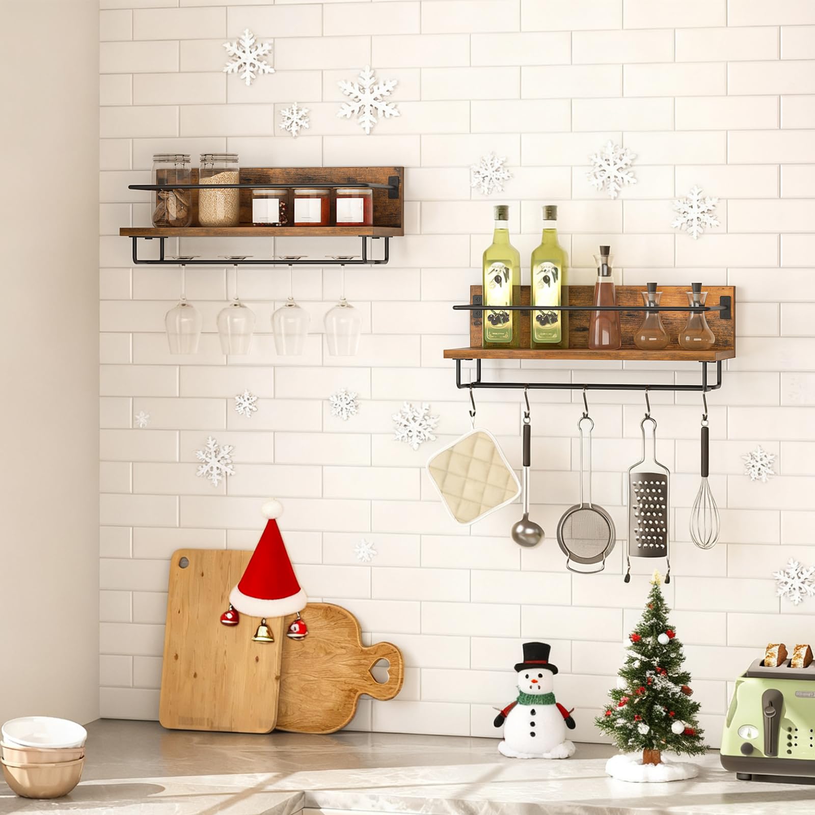 HOOBRO Wine Rack Wall Mounted 2 Pack, Wine Shelf Hanging Floating Wall Shelves, Wine Glass Bottle Rack Stemware Holder, for Living Room, Dining Room, Kitchen, Rustic Brown and Black BF28BJ01