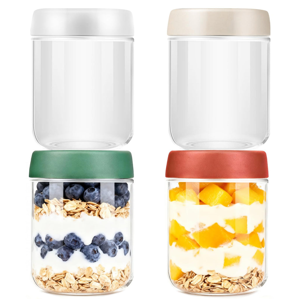 Overnight Oats Jar,4 Pack 16OZ Overnight Oats Containers with Lids,Reusable Wide Mouth Mason Jars Glass Jar for Fruit, Yogurt, Snacks,Salad Dressing, Pasta,Sugar -Leak Proof (500 ml)