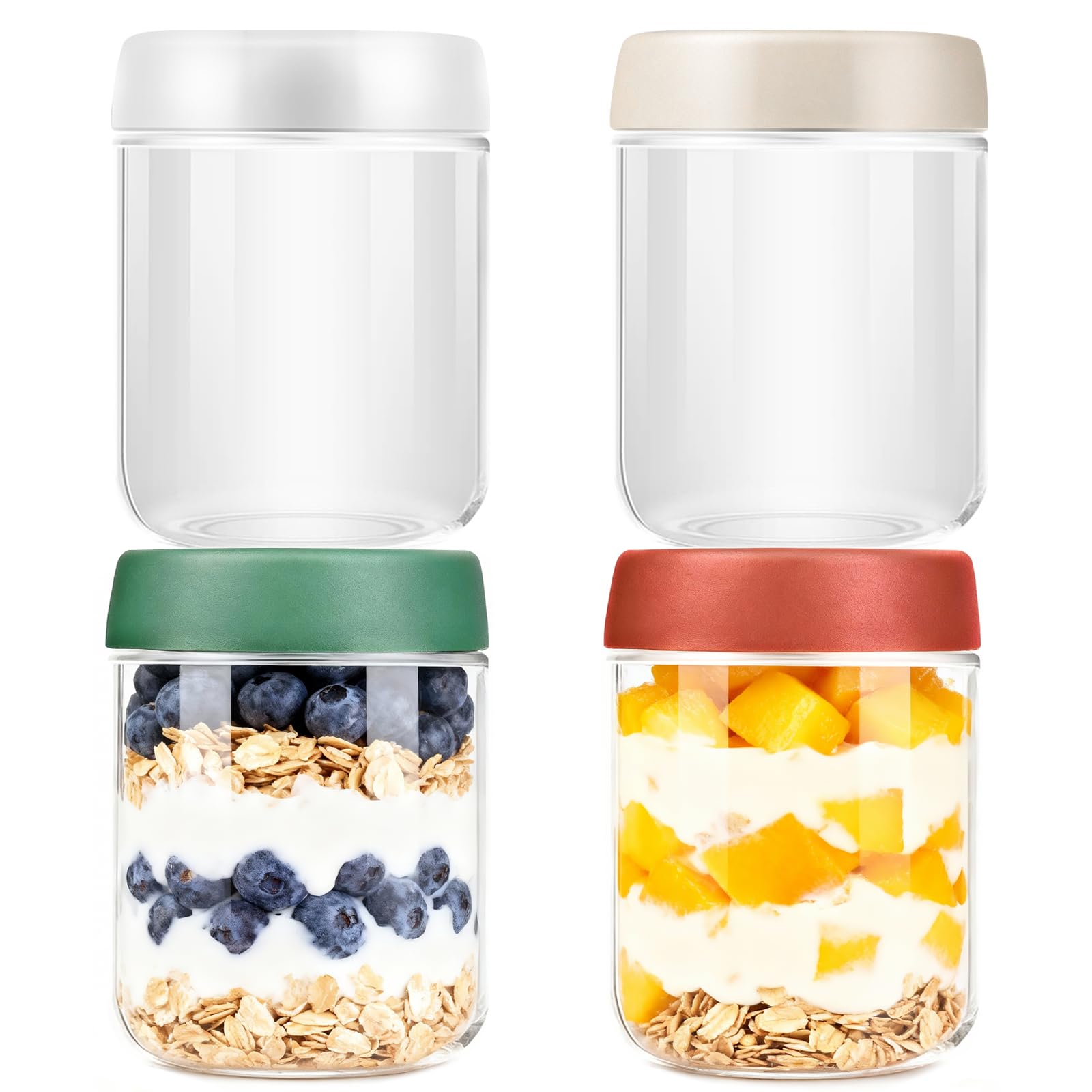 Overnight Oats Jar,4 Pack 16OZ Overnight Oats Containers with Lids,Reusable Wide Mouth Mason Jars Glass Jar for Fruit, Yogurt, Snacks,Salad Dressing, Pasta,Sugar -Leak Proof (500 ml)