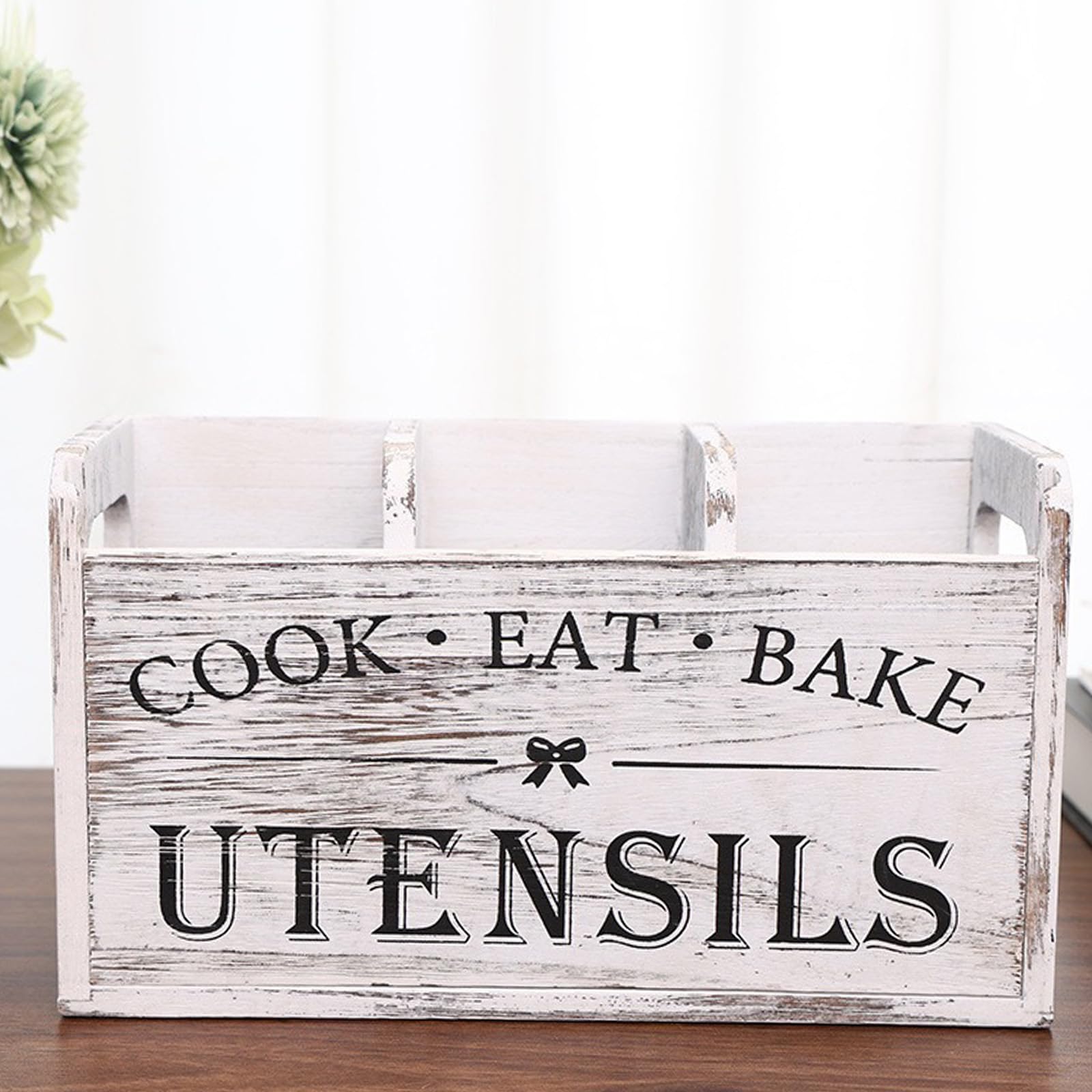 Large Kitchen Utensil Holder with 3 Compartments, Wooden Storage Utensil Organizer for Kitchen Countertop, Farmhouse Decor, Rustic Cooking Utensil Kitchen Tool Organizer Utensil Caddy (White)