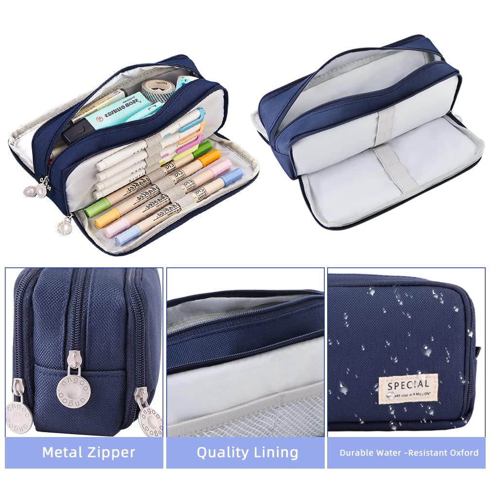 iSuperb Large Pencil Case 3 Compartments Pencil Pouch Big Capacity Pencil Bag Oxford Stationery Storage Pen Bag Cosmetic Makeup Pouch for Women Girls (Navy Blue)