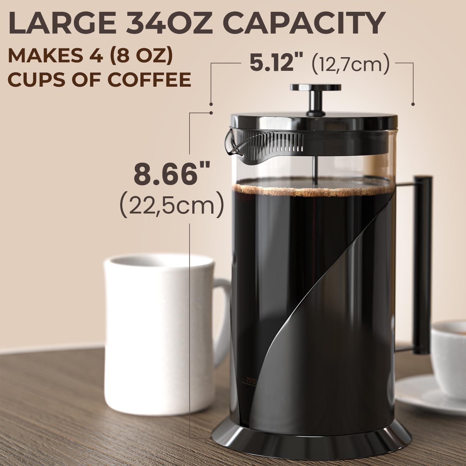 French Press Coffee Maker 34oz – Stainless Steel & Glass Coffee Press with 4-Level Filtration, BPA-Free Cafetiere for Camping or Home – Large, Durable for Hot & Cold Brew