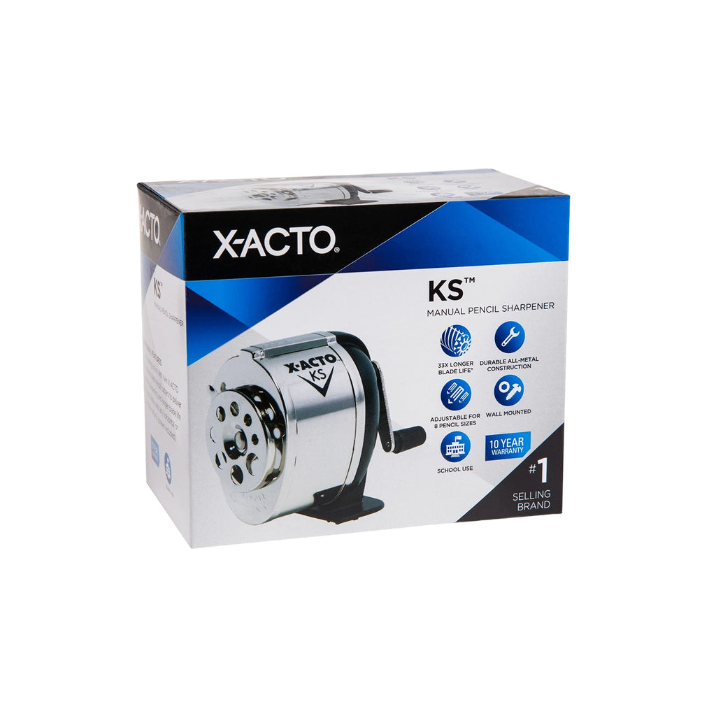 X-ACTO KS Manual Pencil Sharpener, Wall Mountable Metal Pencil Sharpener, Adjustable for 8 Pencil Sizes, Stainless Steel