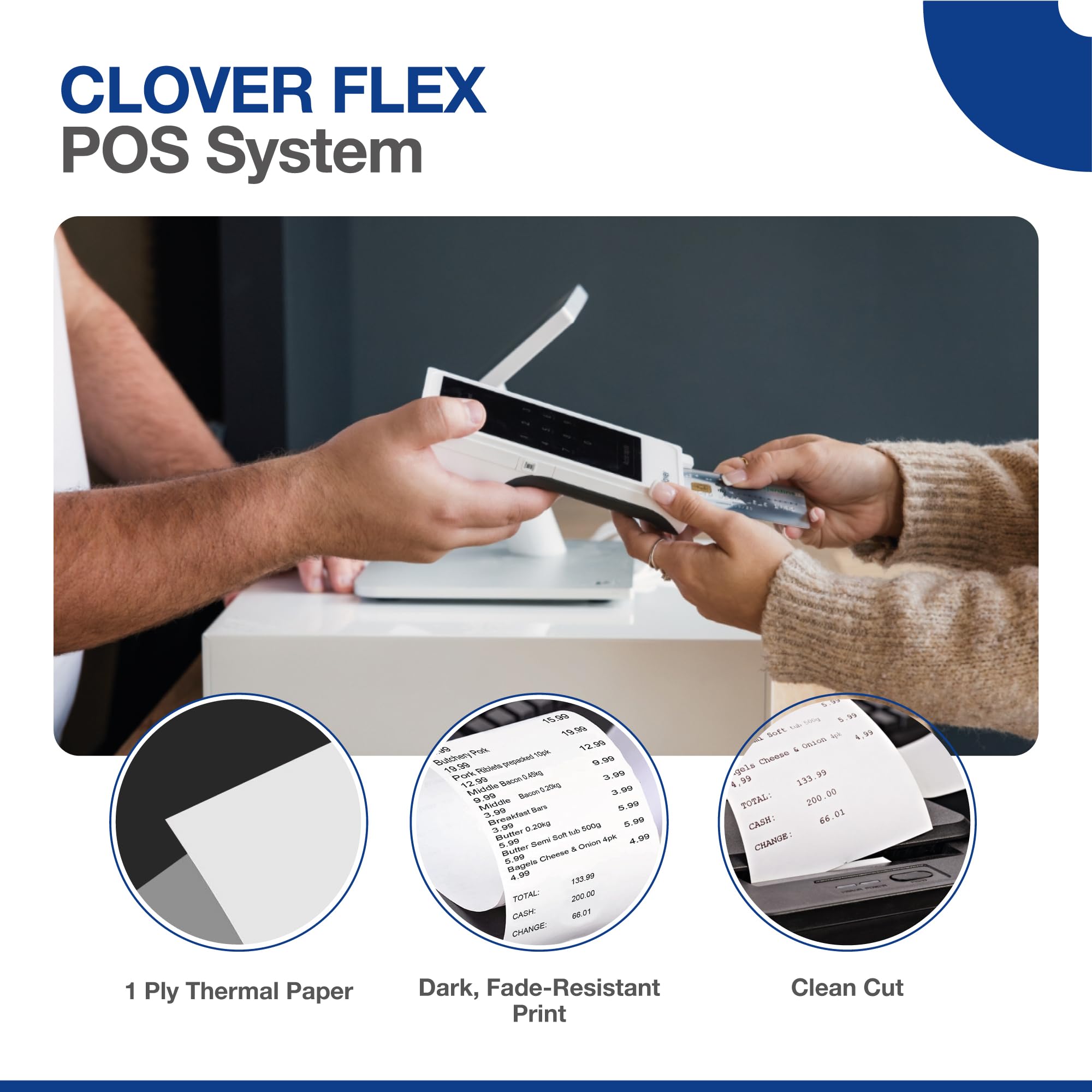 Clover Flex Paper Rolls - 10 Rolls - 2 1/4'’ x 50’- 48 GSM - Clover Flex Receipt Paper Compatible for C401, C403, C405 and C406 POS Machines - BPA Free Material