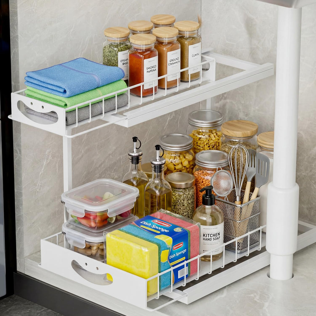 JAQ Under Sink Organizer for Kitchen, 2 Tier Pull Out Sliding Cabinet Organizer, Heavy Duty Metal Under Cabinet Storage for Kitchen Sink, Double Slide Out Drawers (White, 1 Pack)