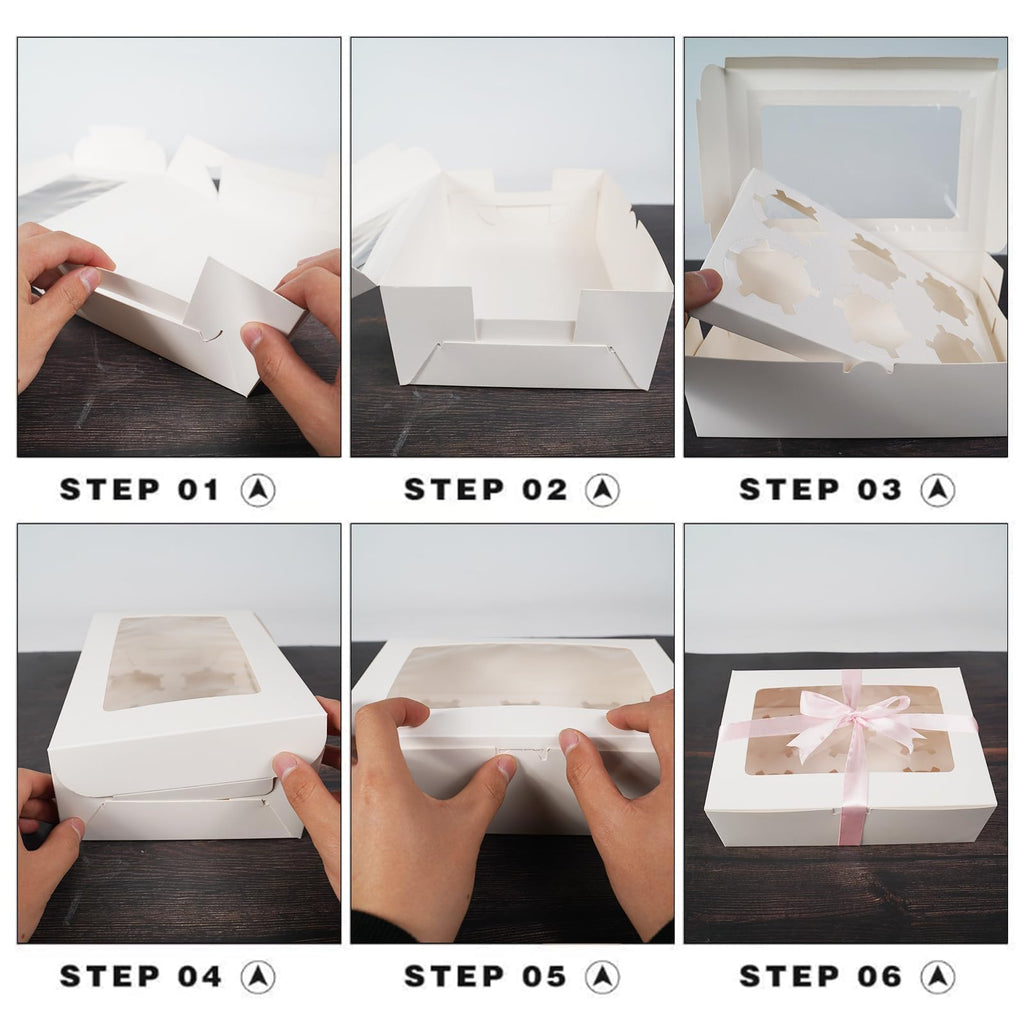 TATAPO 60 Pack Cupcake Boxes with Inserts, White Kraft Paper Cupcake Box with Window Hold 6 Standard Cupcakes, Bakery Cake Pastry Holder with Ribbon for Cookie Muffins Pastry