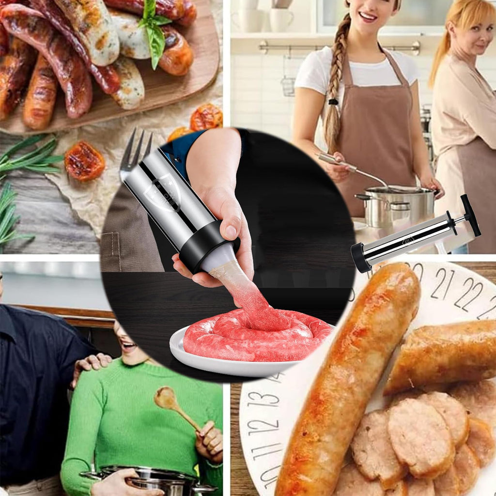 Sausage Stuffer Manual 304 Stainless Steel Sausage Maker Meat Stuffer Filler Hand Operated Salami Maker Sausage Filling Tool Funnel with 3 Nozzles