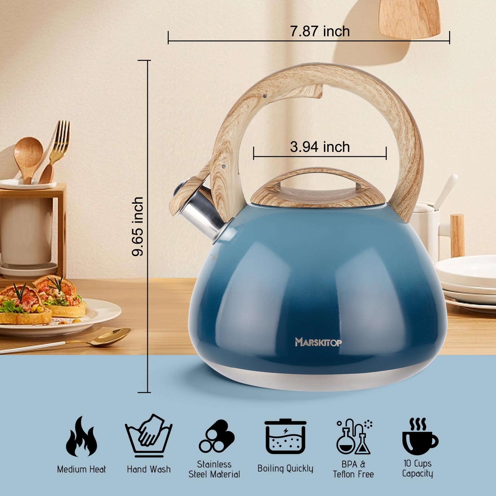 Whistling Tea Kettle for Stove Top Stainless Steel Tea Kettle Small Tea Pots 2.6 Quart with Wood Pattern Anti-Hot Handle (Blue)
