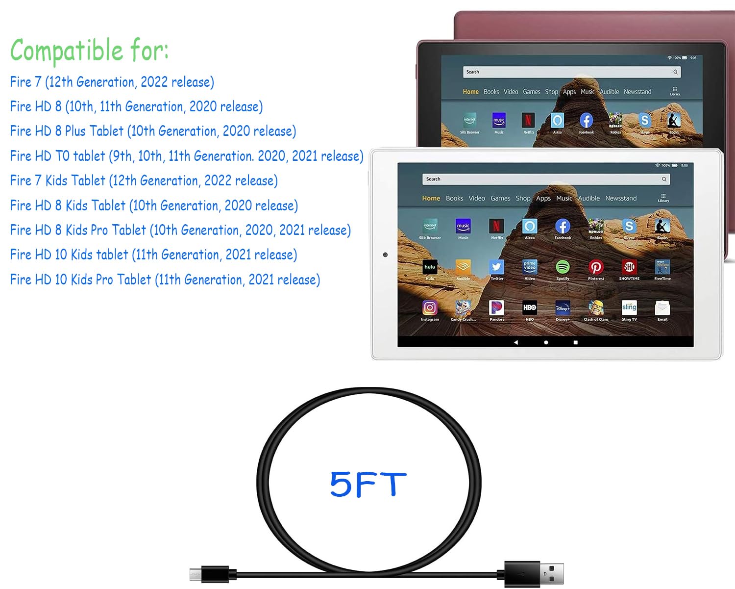 USB C Charger Fire 7 Tablet Cable for Fire 7, HD 10, HD 8 (2019, 2020, 2021, 2022 Release, 9th, 10th, 11th, 12th Generation) Kids Pro Plus Gen Tablet Charging Cord Adapter Replacement (5ft)