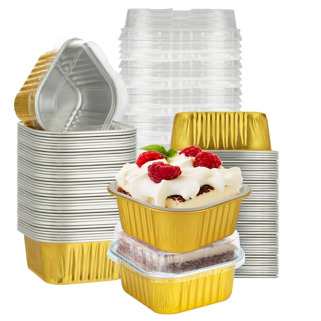 100Pcs Aluminum Foil Disposable Ramekins with Lids, 5.5oz Small Baking Cups Mini Cake Pans with Lids, Individual Cake Tins Square Cupcake Dessert Cake Containers Mini Loaf Pans for Cheesecake Muffin