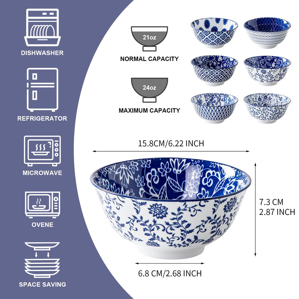 Cerkik Ceramic Soup Bowls Set – 24 Oz / 680 ml Deep Cereal Bowls, 6 Inch / 15.8 cm Large Porcelain Dinner Bowls for Salad, Pasta, Dessert, Oatmeal – Microwave Dishwasher Safe – Set of 6 – Vintage Blue