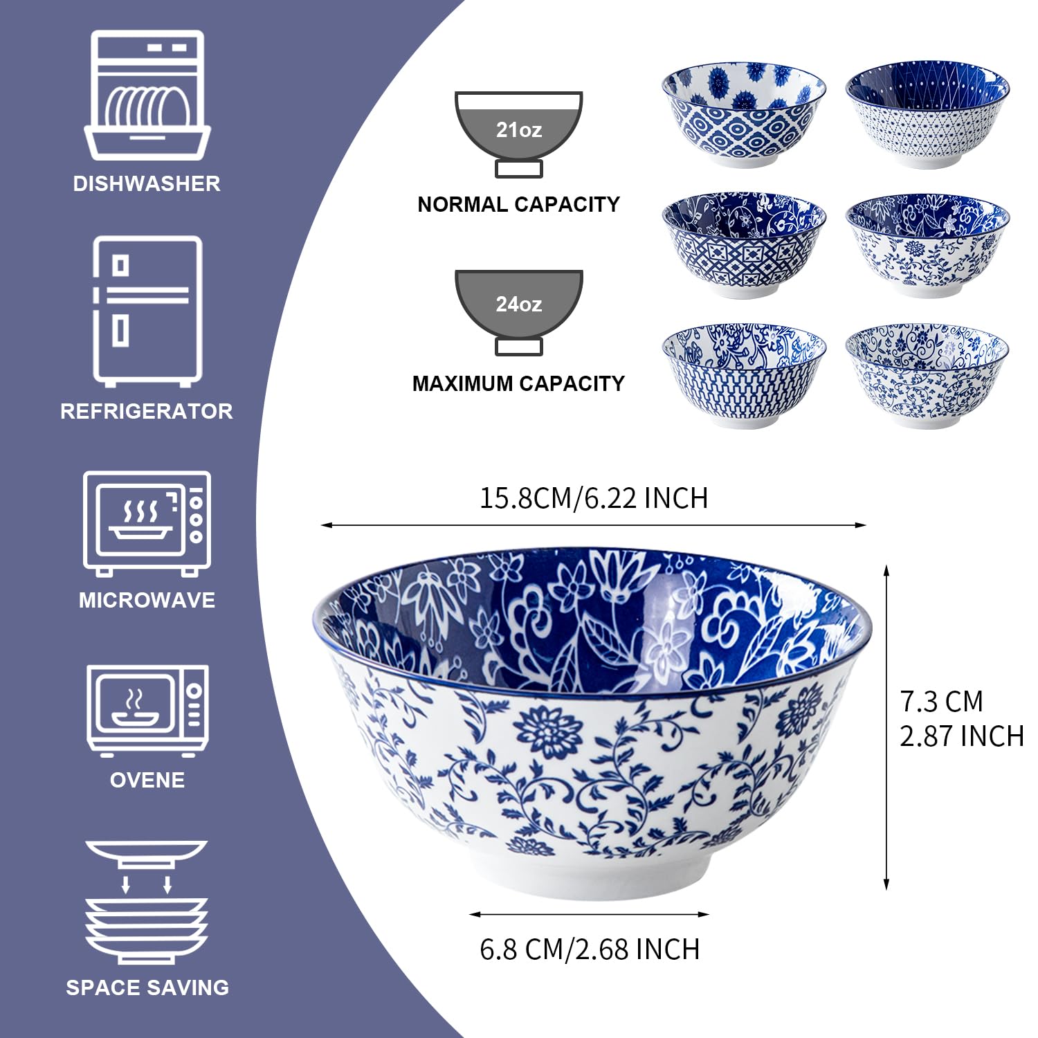 Cerkik Ceramic Soup Bowls Set – 24 Oz / 680 ml Deep Cereal Bowls, 6 Inch / 15.8 cm Large Porcelain Dinner Bowls for Salad, Pasta, Dessert, Oatmeal – Microwave Dishwasher Safe – Set of 6 – Vintage Blue