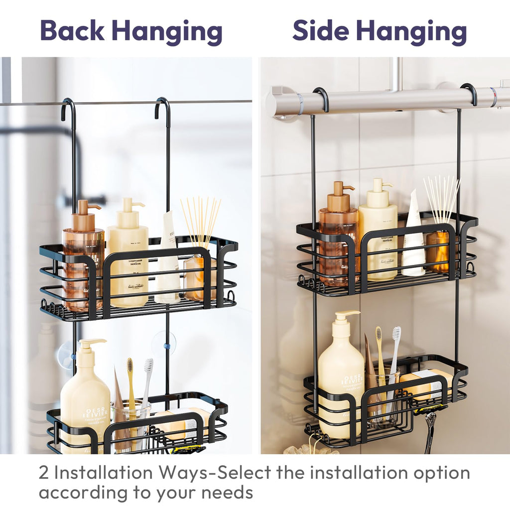 SWTYMIKI Shower Caddy Hanging - Over the Door Shower Caddy with Soap Holder, 11 Hooks, 2 Installation Ways, Stainless Steel Rustproof Shower Shelves, Black