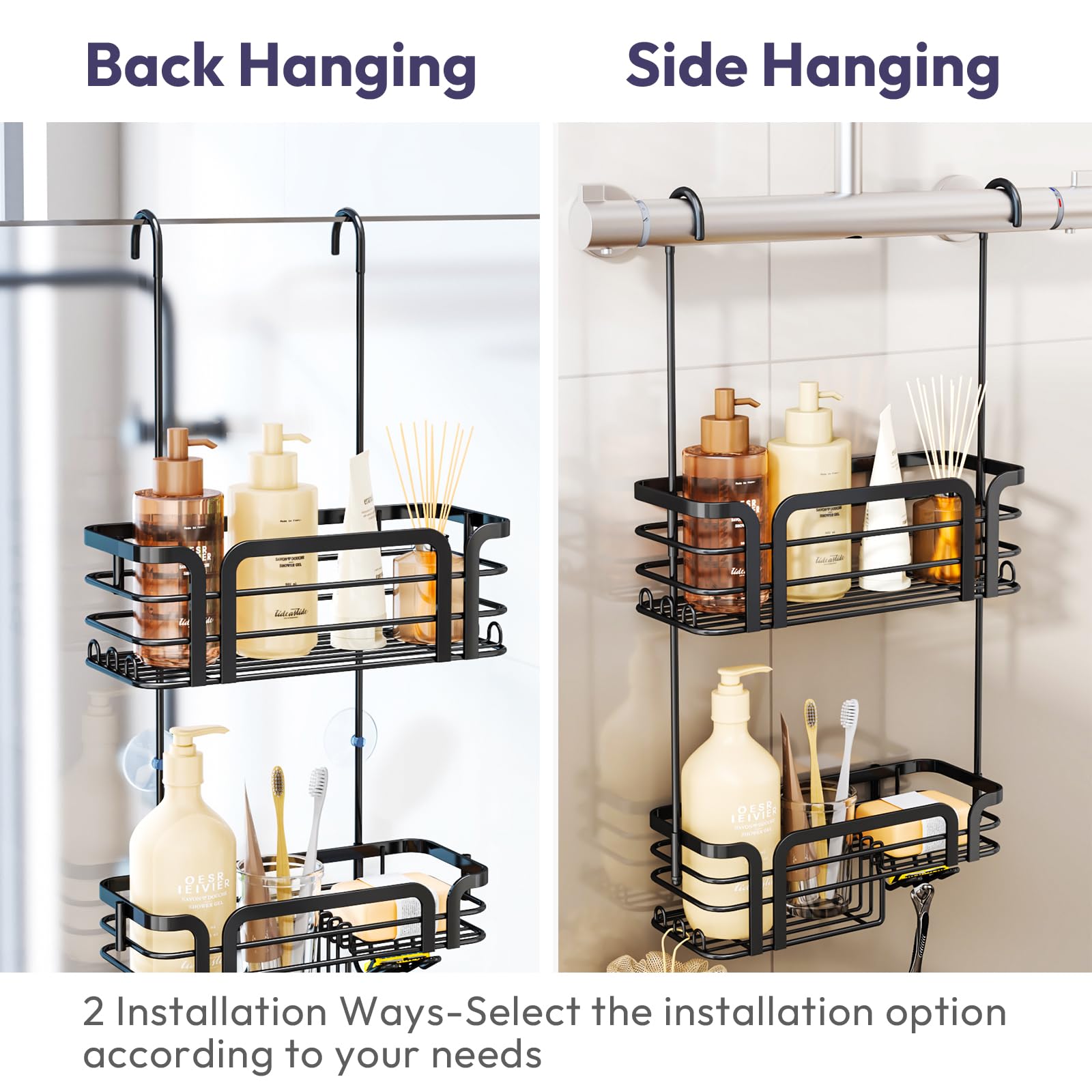 SWTYMIKI Shower Caddy Hanging - Over the Door Shower Caddy with Soap Holder, 11 Hooks, 2 Installation Ways, Stainless Steel Rustproof Shower Shelves, Black