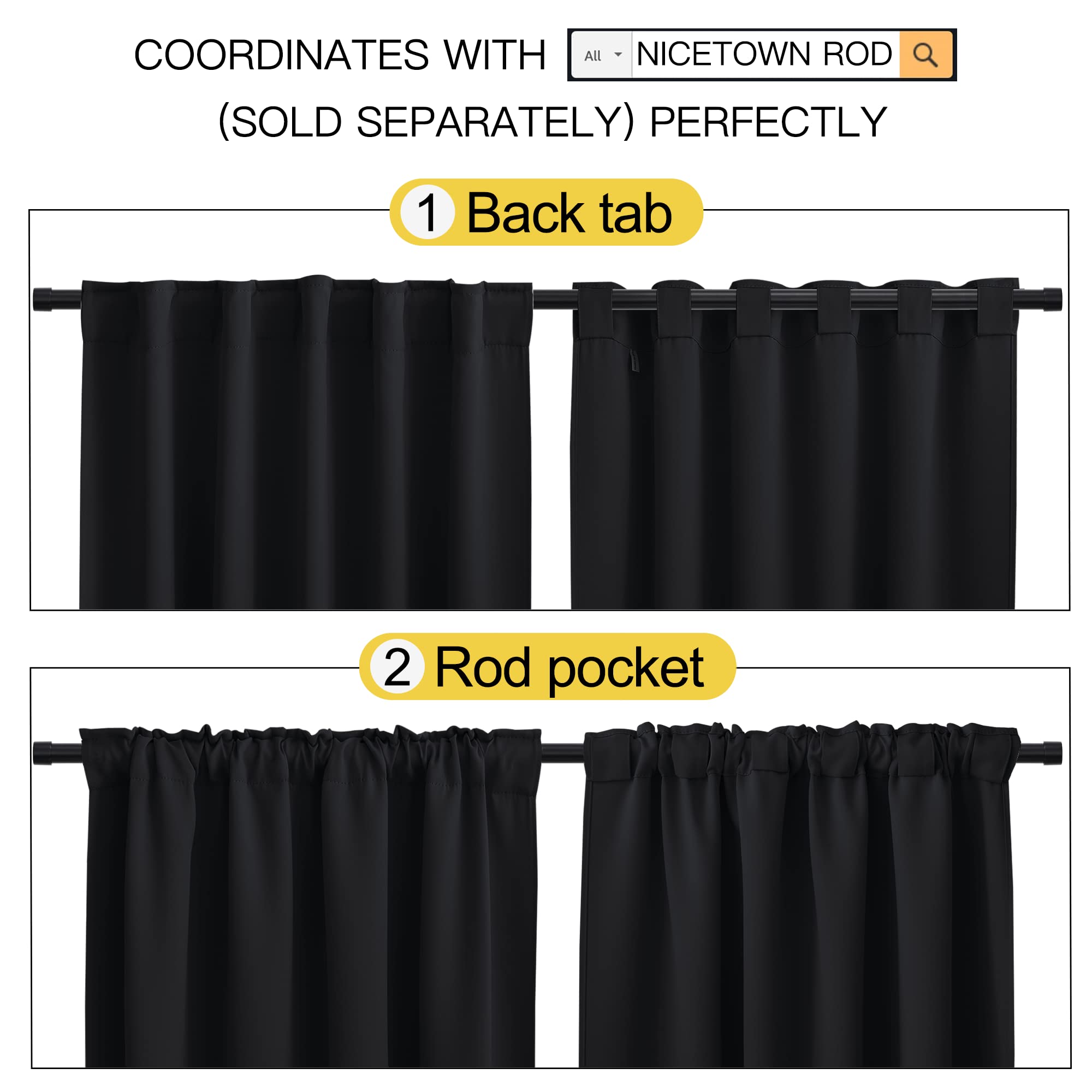 NICETOWN Black Blackout Curtains 84 Inch Long 2 Panels, Thermal Black Out Halloween Panels Room Darkening for Living Room, Back Tab and Rod Pocket Light/Noise Reducing Treatments for Bedroom, 52Wx84L