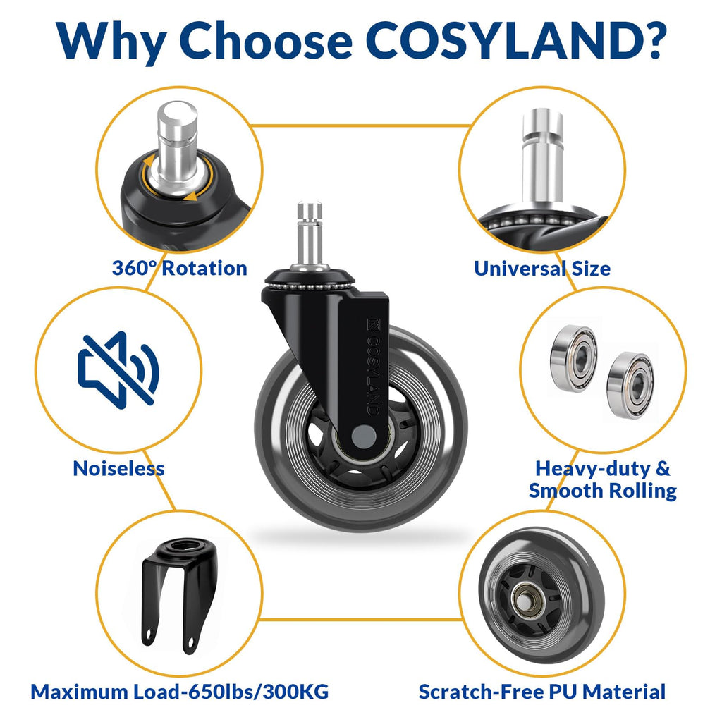 COSYLAND Office Chair Wheels Replacement - Rubber Chair casters for Hardwood Floors and Carpet, Set of 5, Heavy Duty Office Chair casters for Chairs to Replace 11mm