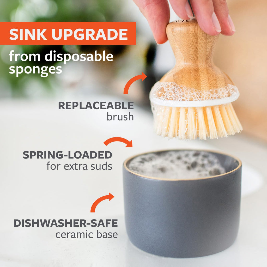 Umarex Full Circle Bubble Up Ceramic Dispenser & Bamboo Handle Replaceable Kitchen Scrubber with Soap Holder, Gray, Dish Brush + Dispenser, Grey/White