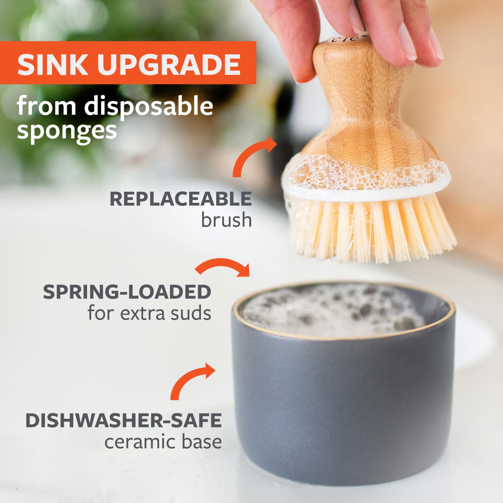 Umarex Full Circle Bubble Up Ceramic Dispenser & Bamboo Handle Replaceable Kitchen Scrubber with Soap Holder, Gray, Dish Brush + Dispenser, Grey/White