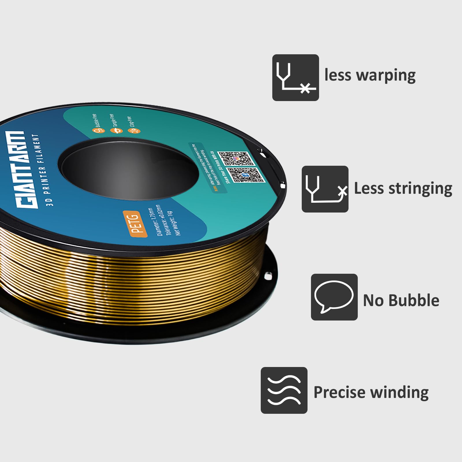 GIANTARM PETG 3D Printer Filament 1.75mm Metal Copper, Dimensional Accuracy +/-0.03mm, 1kg (2.2lbs), 1080 Feet （330m） Per Roll, Vacuum Packaging, Toughness Enhanced, Fit for Most 3D FDM Printer